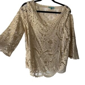 My Emblem Lace Top Women Size M L‎ Beige Sheer 3/4 Sleeve Victorian Gold Party
